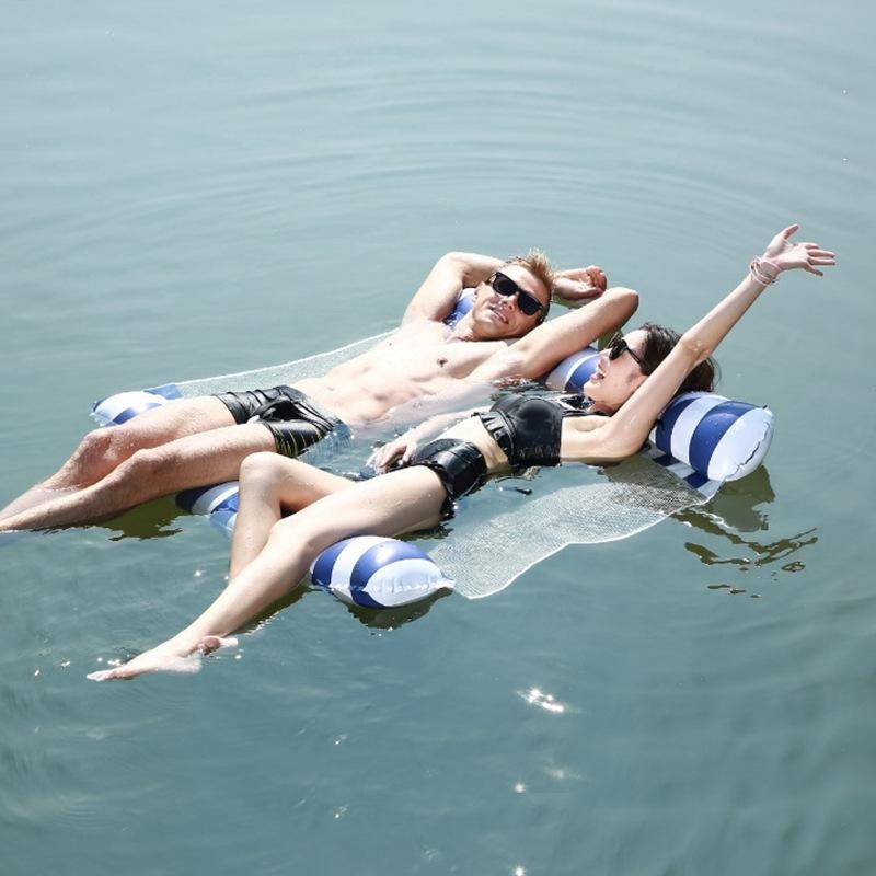 Inflatable Recliner On Water Foldable Backrest Floating Bed Inflatable Floating Row, Style Stripe...