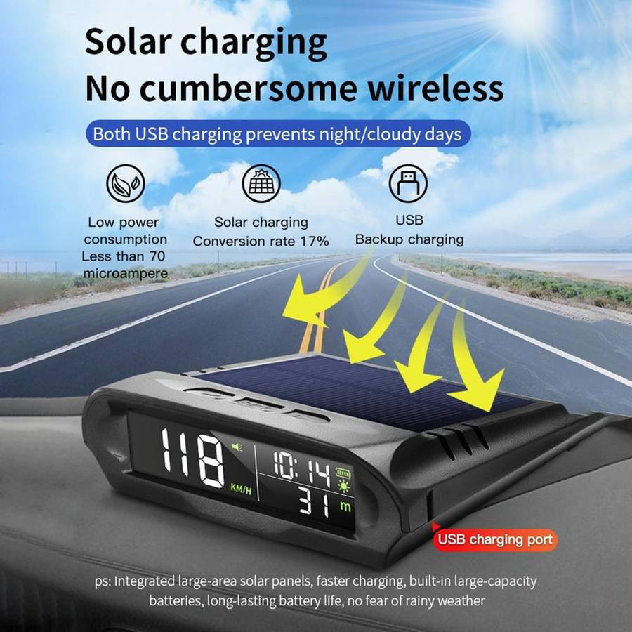Car Solar HUD Tire Pressure Monitoring GPS Speed Time Altitude Table(Black)