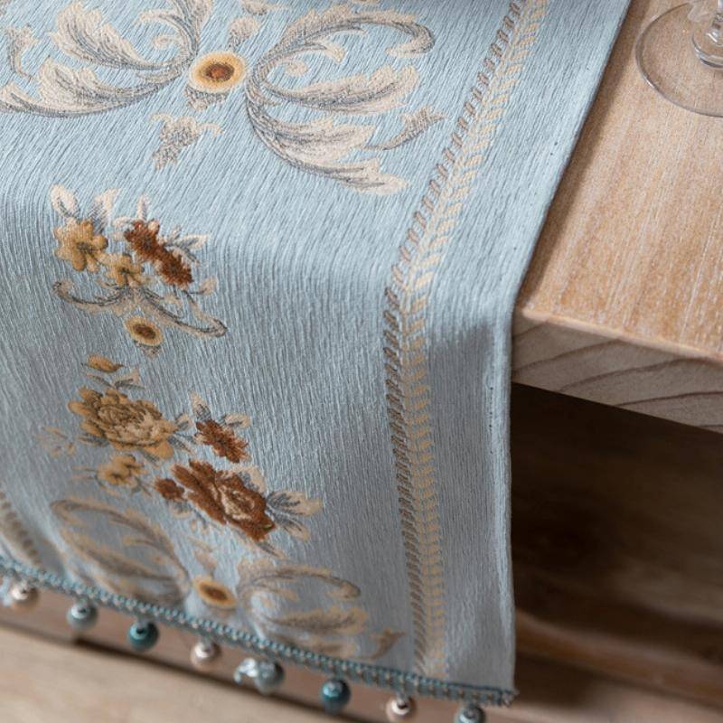 Home Vintage Flower Chenille Beads Table Runner, Size: 32x180cm(Ink Green)