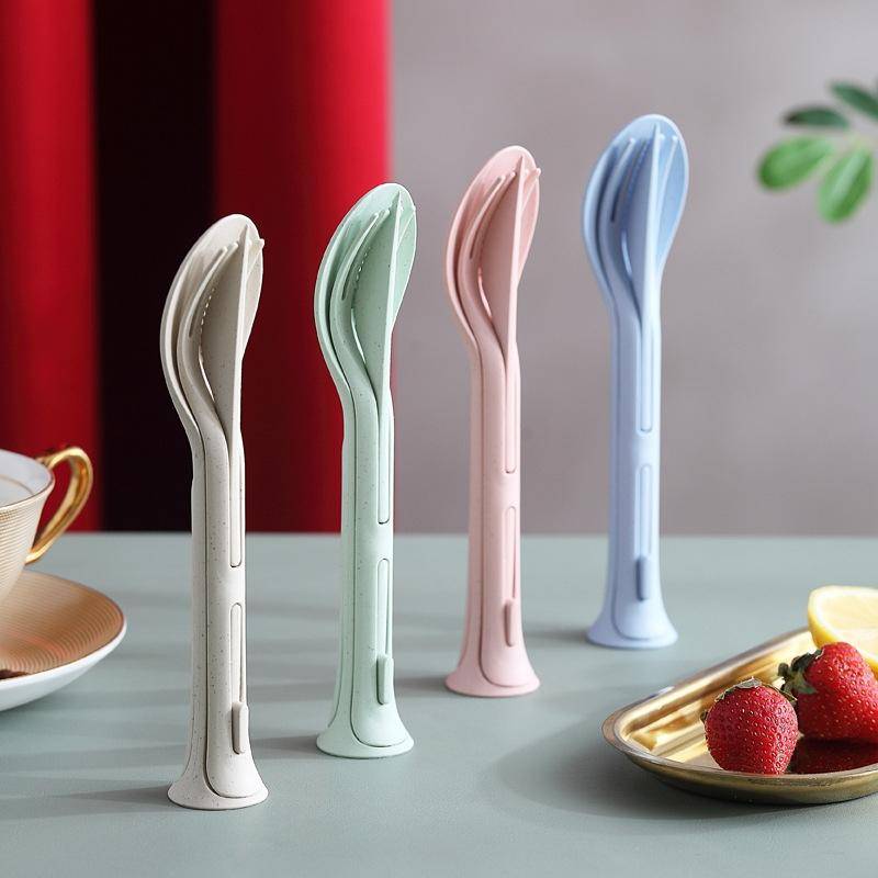 2 PCS 3 in 1 Wheat Straw Portable Knife, Fork, Spoon Cutlery Set(Green)