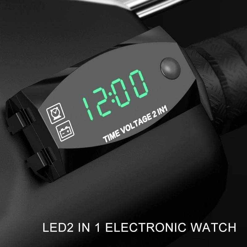 Motorcycle Multi-functional 2 in 1 Digital Display Voltmeter + Electronic Clock, 6-30V IP67 (Gree...