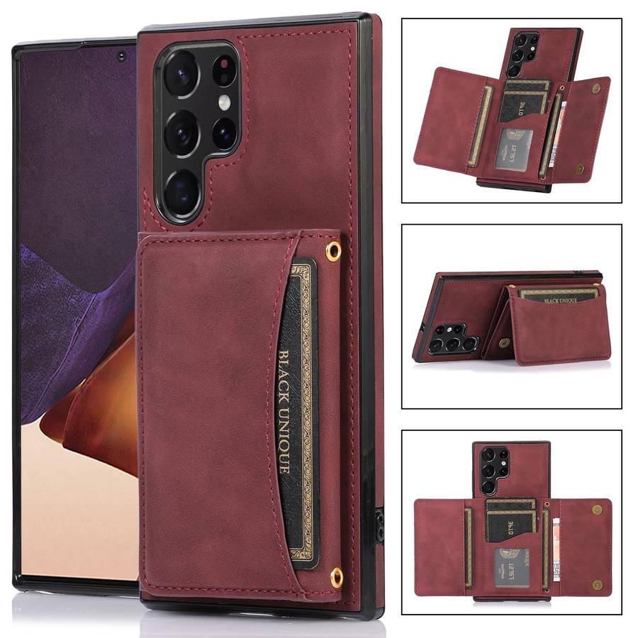 For Samsung Galaxy S22 Ultra Three-fold Leather Phone Case with Card Slot & Wallet & Holder(Wine ...