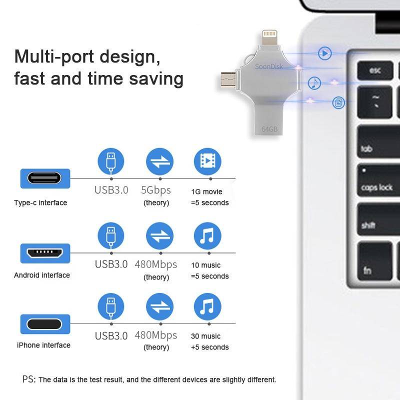 4 in 1 64GB USB 3.0 + 8 Pin + Mirco USB + USB-C / Type-C Dual-use Flash Drive with OTG Function