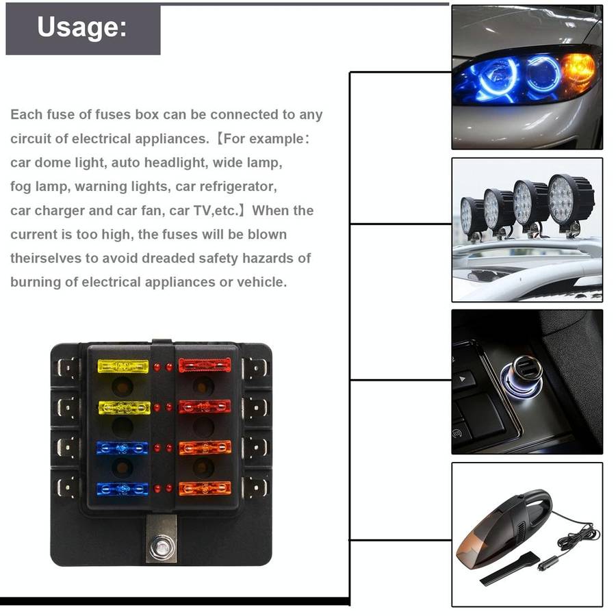 1 in 8 Out Fuse Box PC Terminal Block Fuse Holder Kits with LED Warning Indicator for Auto Car Tr...