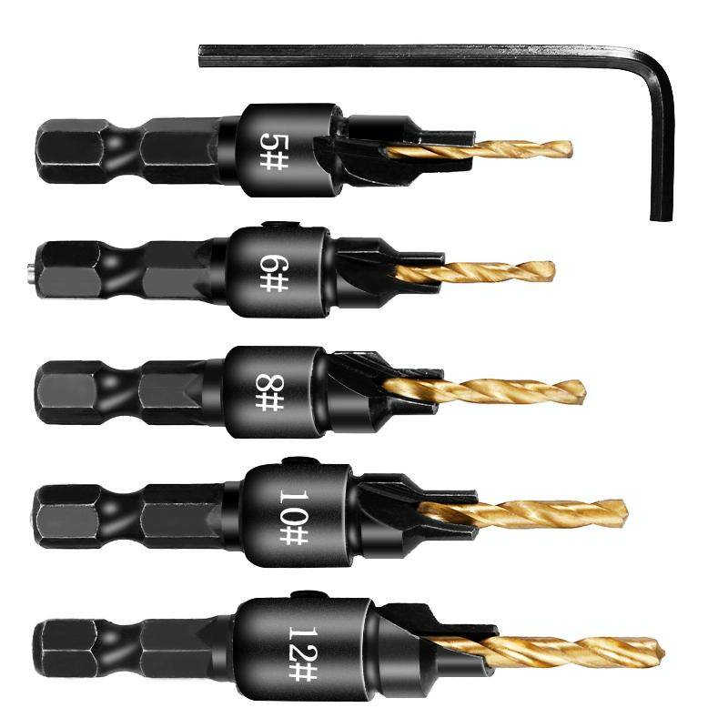 5 PCS/Set Countersink Woodworking Drill Bit Set Hexagon Screw Hardware Tool(Gold)