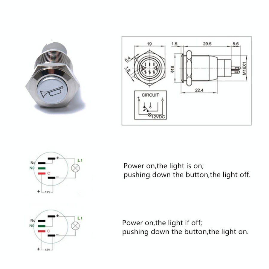 Momentary Reset Switch Push Button 16mm 12V for Car Motorcycle Horn Speaker