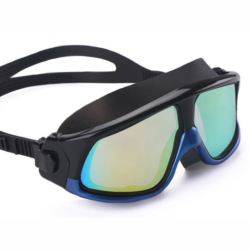 Colorful Large Frame Electroplating Anti-fog Silicone Swimming Goggles for Adults (Blue + Black)