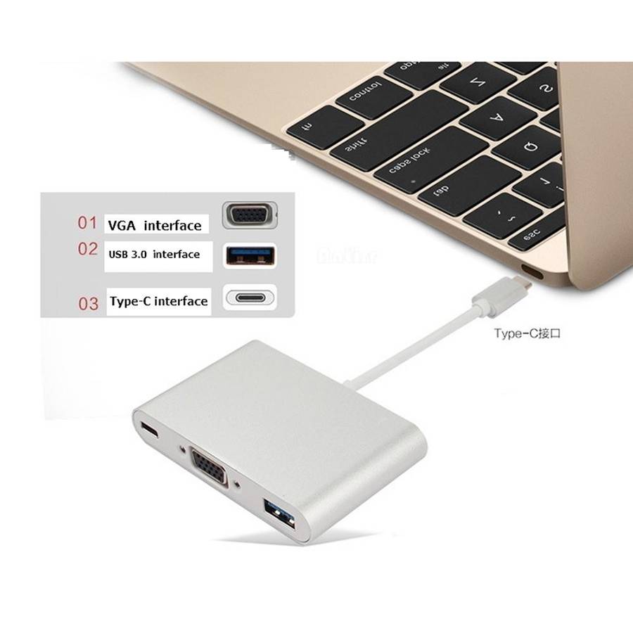 USB Type C to VGA 3-in-1 Hub Adapter supports USB Type C tablets and laptops for Macbook Pro / Go...