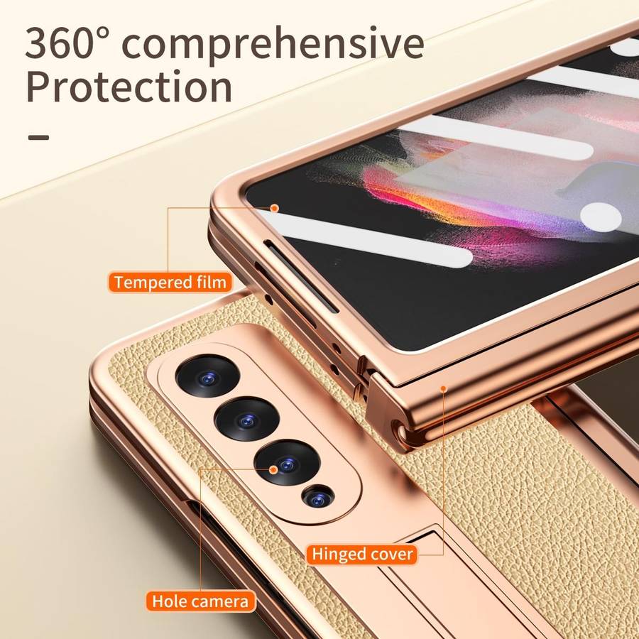 For Samsung Galaxy Z Fold3 5G Litchi Texture Leather Hinged Electroplated Phone Case with S Pen F...