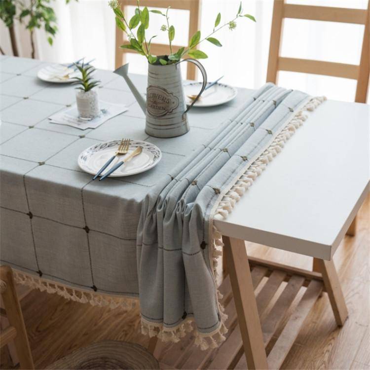Square Lattice Embroidered Tablecloth Pure Color Cotton Linen Tassel Rectangular Coffee Table Mat...