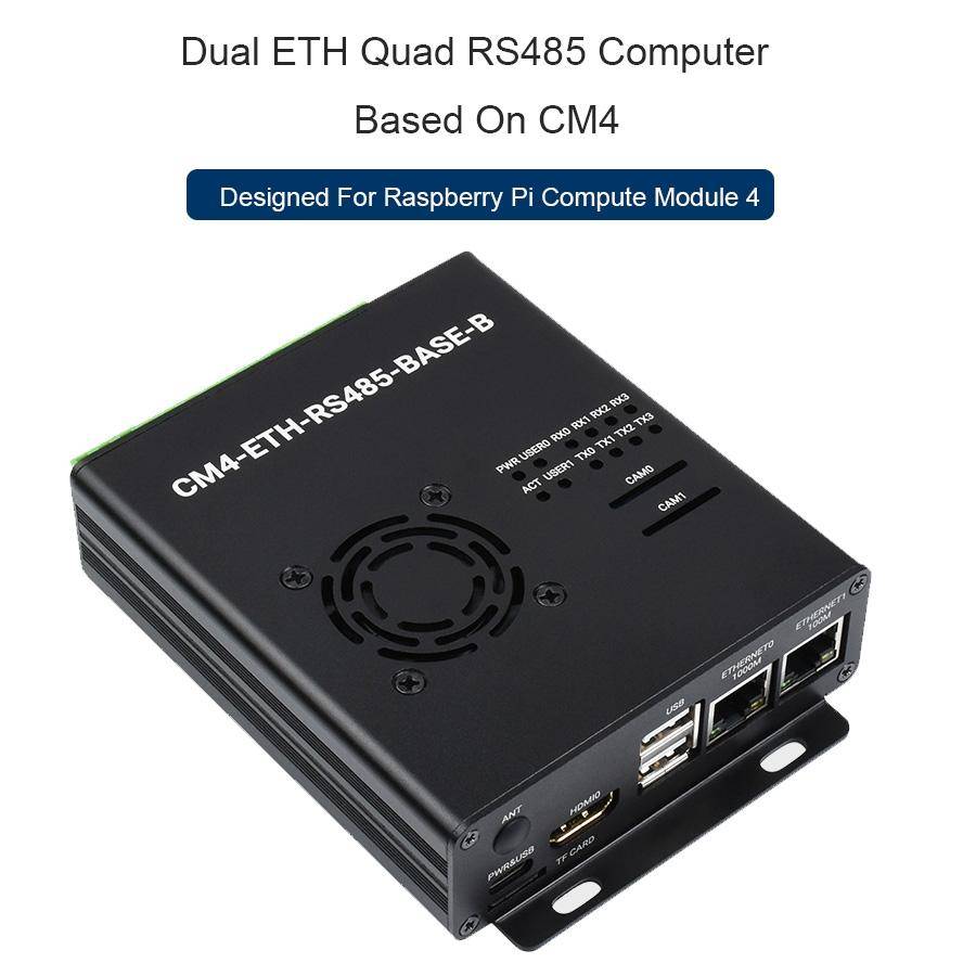 Waveshare Dual ETH Mini-Computer for Raspberry Pi CM4, Gigabit Ethernet, 4CH Isolated RS485(EU Plug)