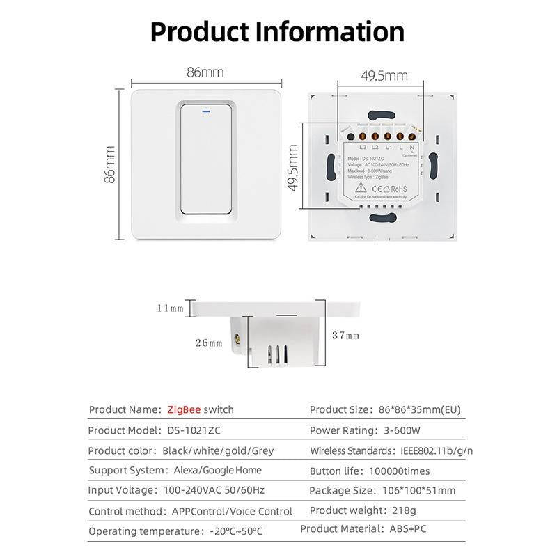 Tuya ZigBee Smart Single-fire Zero-fire Sharing Switch Phone Control Voice Panel EU Plug, Spec: 3...
