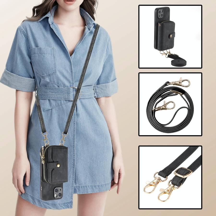 For iPhone 15 Crossbody Multi-function Zipper Wallet Phone Case(Black)