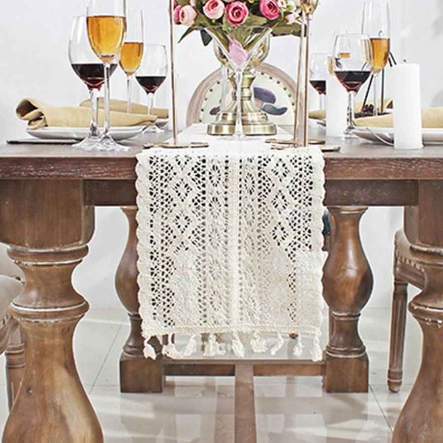 Tassel Lace Floral Romance Retro Crochet Hollow Cotton Blend Table Runner Covers, Size:24x200cm(Y...