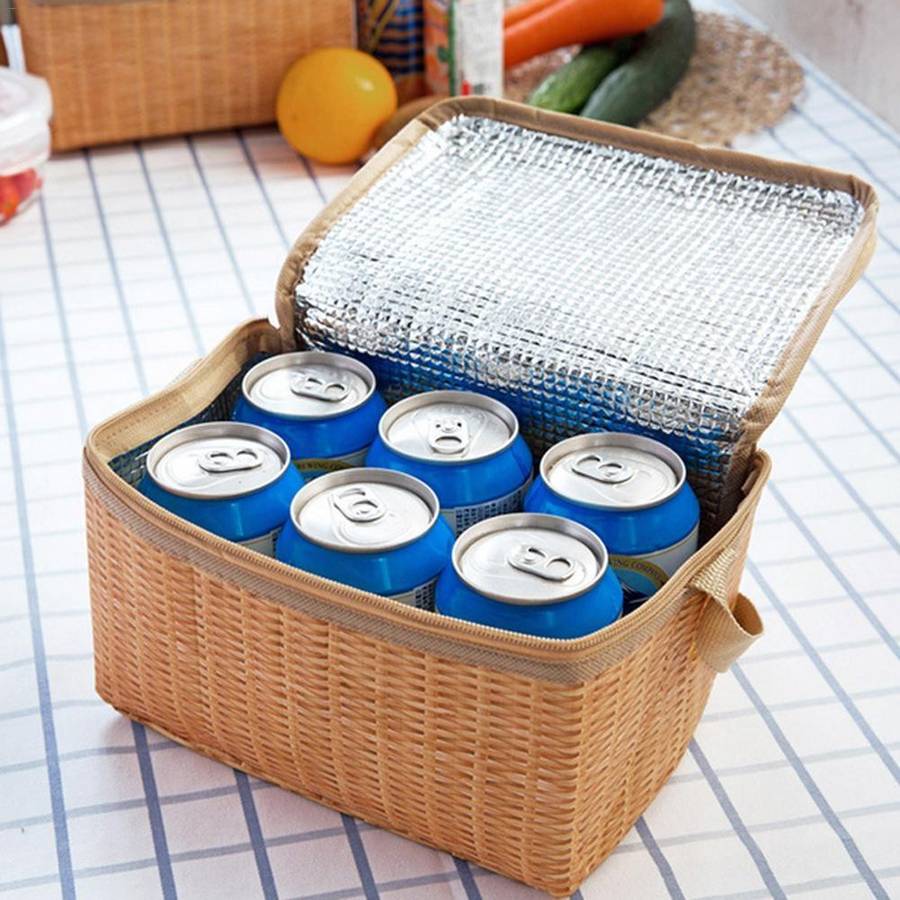 Outdoor Camping Picnic Bag Wicker Picnic Basket Case Thermal Lunch Storage Box(Khaki)