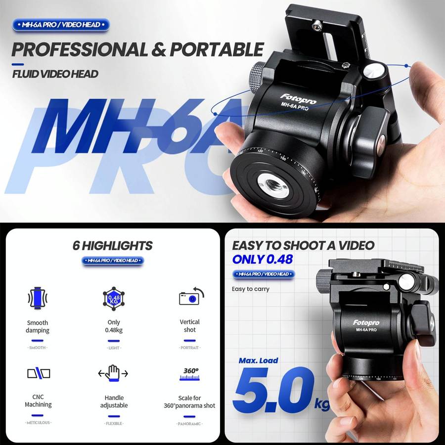 Fotopro MH-6A Pro Aluminum Alloy Heavy Duty Video Camera Tripod Action Fluid Drag Head with Slidi...