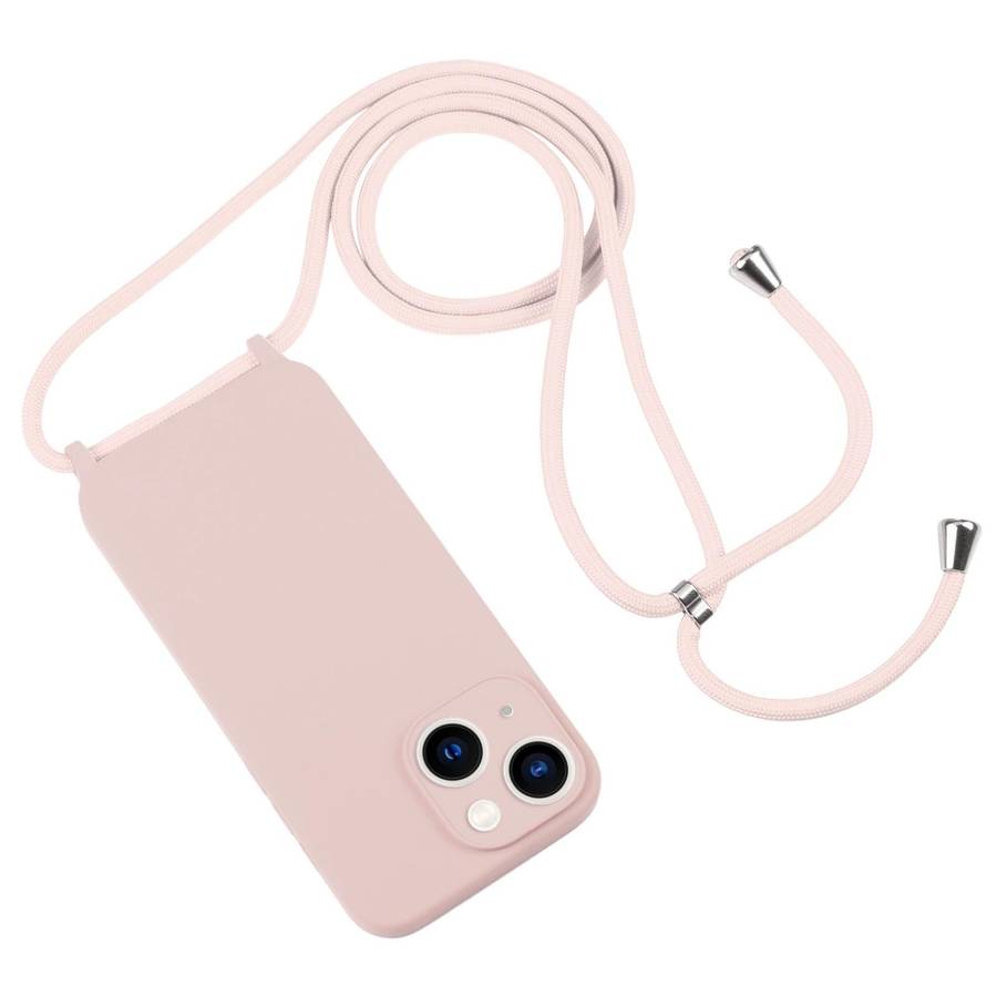 For iPhone 13 Crossbody Lanyard Liquid Silicone Case(Sand Pink)