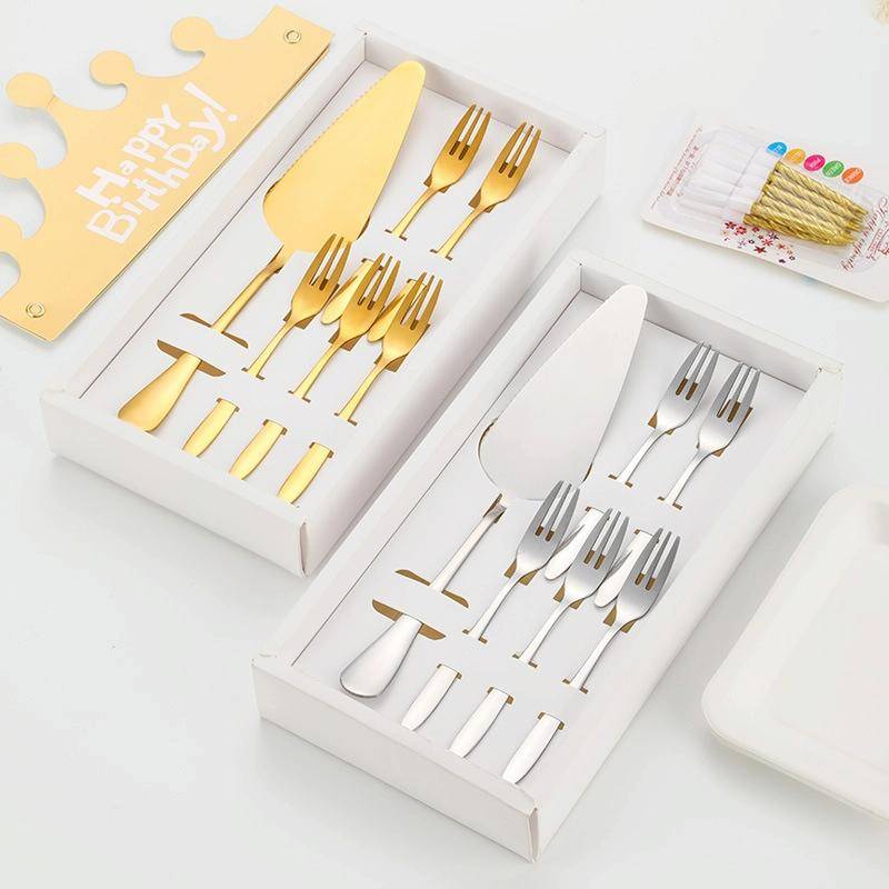 6pcs/set Stainless Steel Cake Knife And Fork Set, Color: Silver With 3-tine Forks