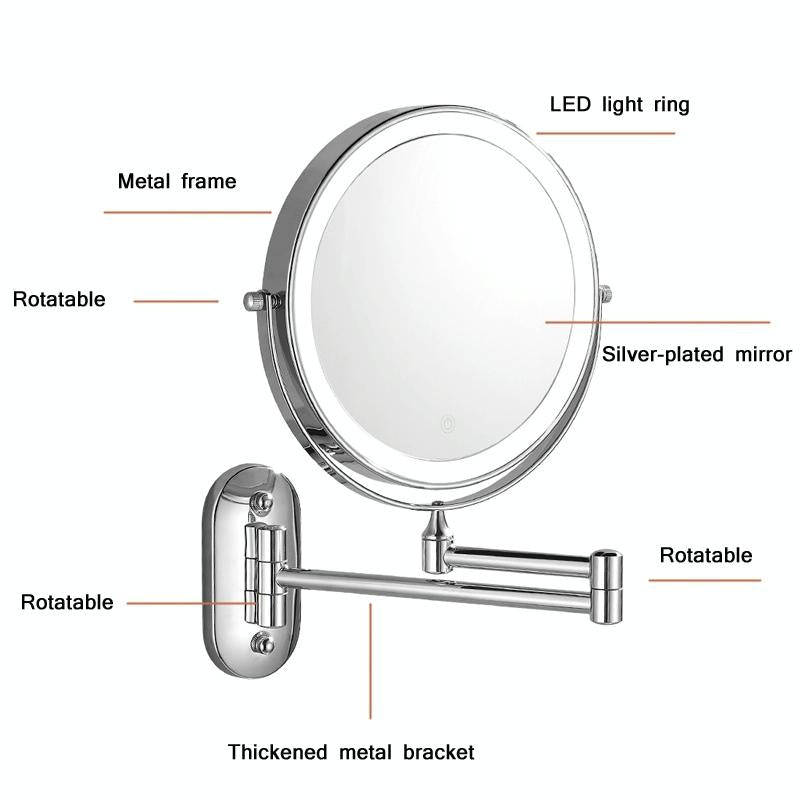 8 Inch Wall-Mounted Double-Sided Makeup Mirror LED Three-Tone Light Bathroom Mirror, Colour: Batt...