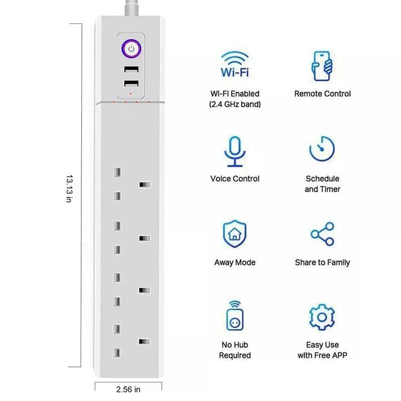 WiFi 10A SM-SO306-K 4 Holes + 2 USB Multi-purpose Smart Power Strip, UK Plug