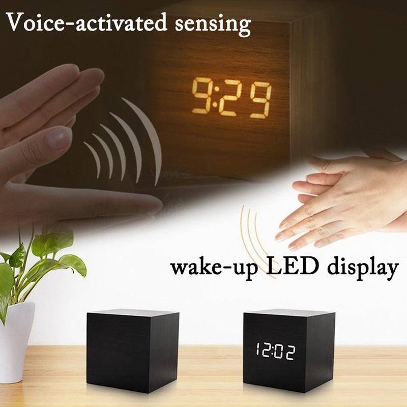 Multicolor Sounds Control Wooden Clock Modern Digital LED Desk Alarm Clock Thermometer Timer Blac...