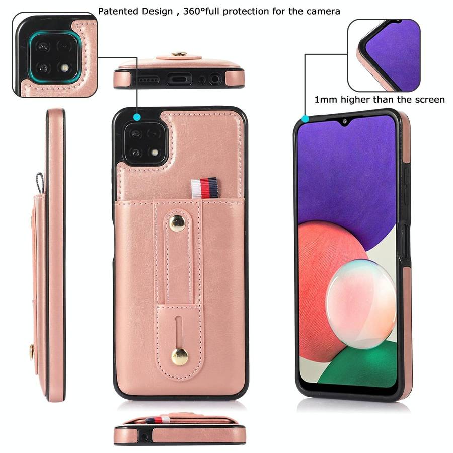 For Samsung Galaxy A22 5G Wristband Kickstand Wallet Leather Phone Case(Rose Gold)
