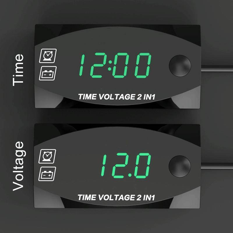 Motorcycle Multi-functional 2 in 1 Digital Display Voltmeter + Electronic Clock, 6-30V IP67 (Gree...