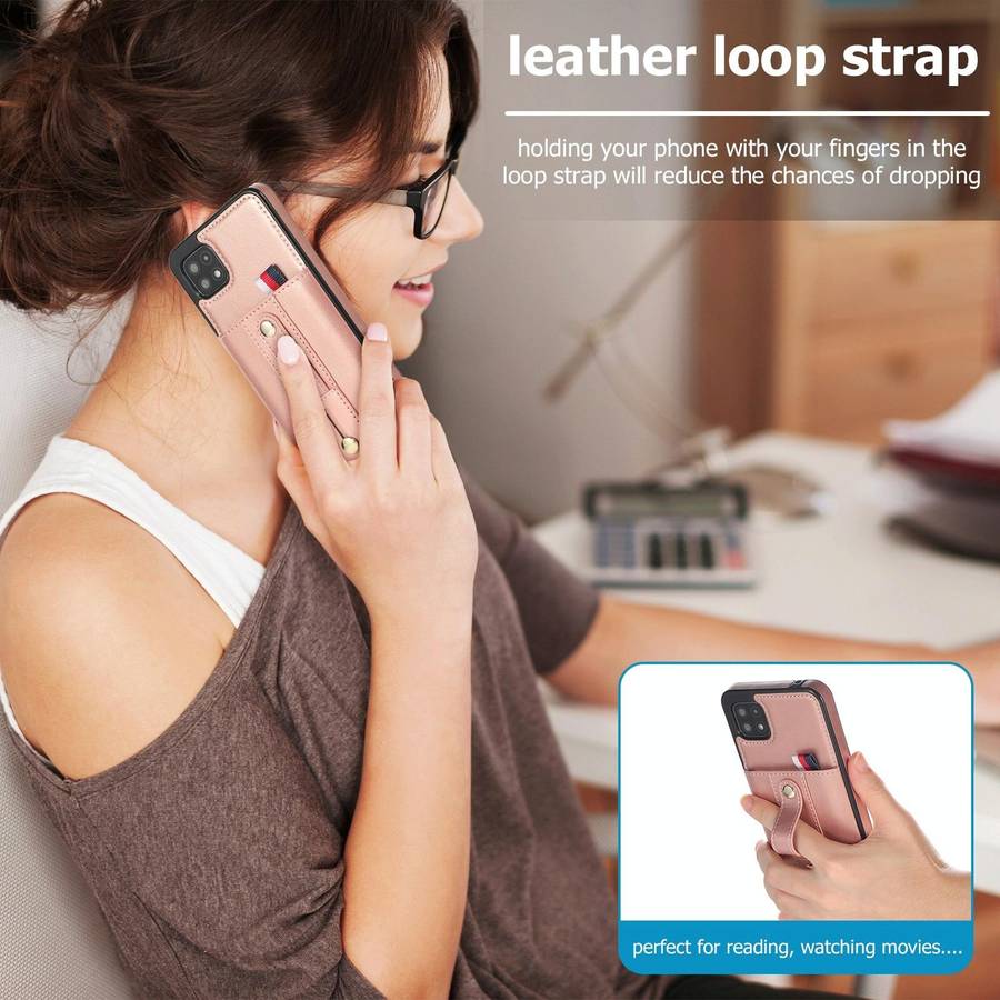For Samsung Galaxy A22 5G Wristband Kickstand Wallet Leather Phone Case(Rose Gold)
