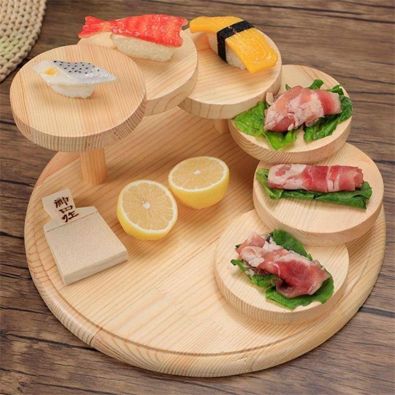 Wood Serving Tray Rotating Steps Meat Plate Sushi Dish, Specification: Round Nine Steps