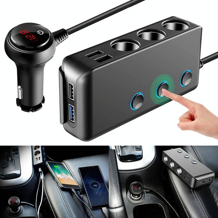 Car Cigarette Lighter Car Charger 3USB Port +1 QC3.0 + 3 Cigarette Lighter Ports + Back Clip Desi...