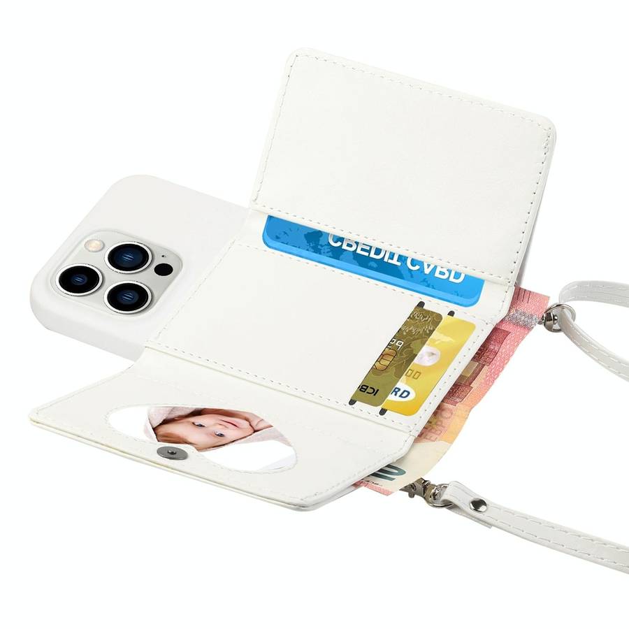 For iPhone 14 Pro Crossbody Lanyard Wallet Card Bag Phone Case(White)