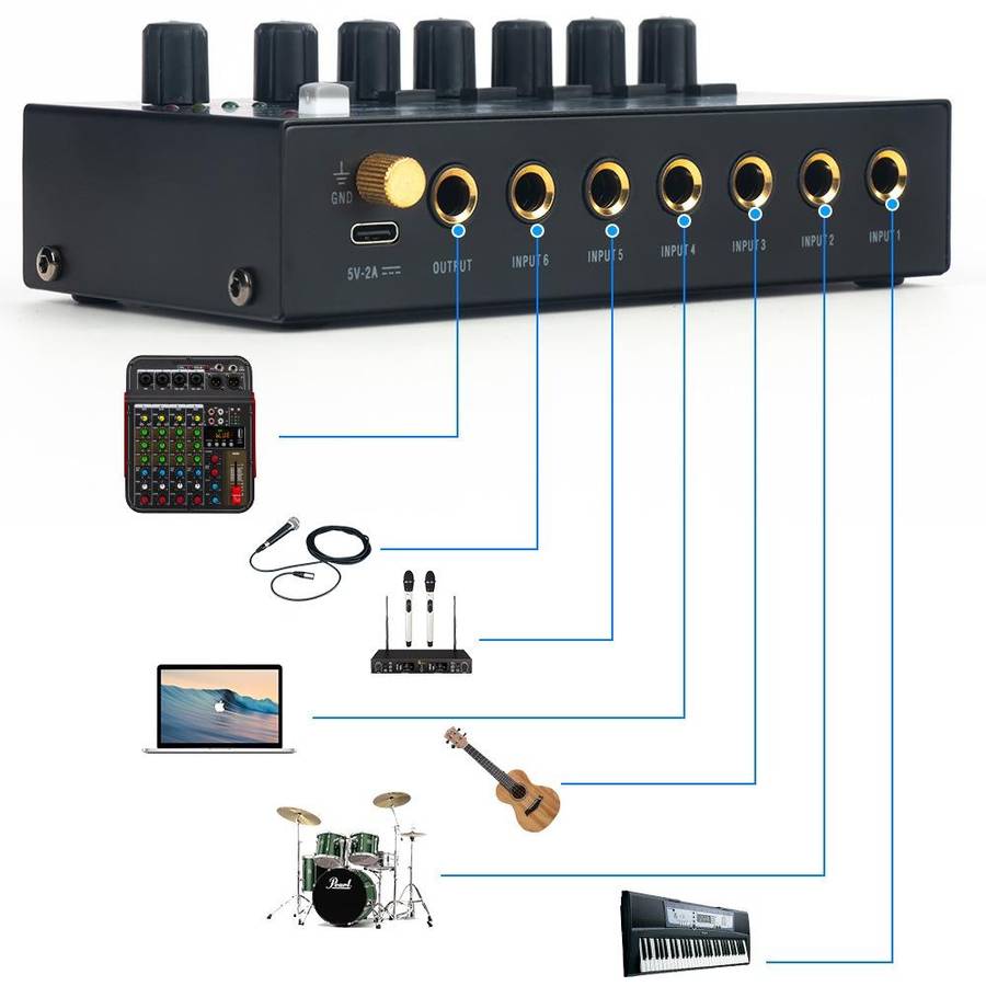 Ultra-Compact Low-Noise 6 Channel Stereo Audio Mixer, US Plug(MIX600)