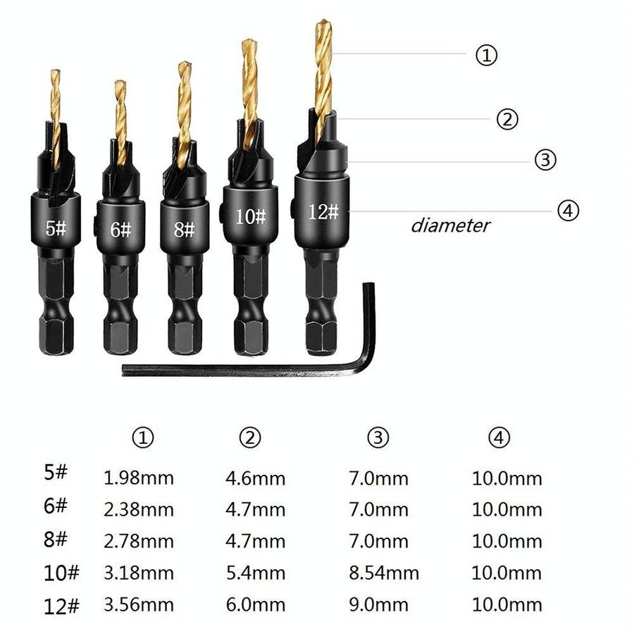 5 PCS/Set Countersink Woodworking Drill Bit Set Hexagon Screw Hardware Tool(Gold)