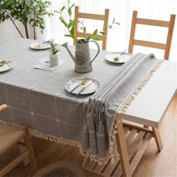 Square Lattice Embroidered Tablecloth Pure Color Cotton Linen Tassel Rectangular Coffee Table Mat...