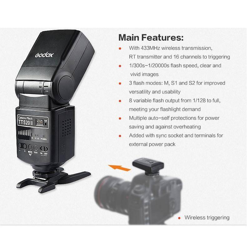 Godox TT520II 433MHZ Wireless 1/300s-1/2000s HSS Flash Speedlite Camera Top Fill Light for Canon ...