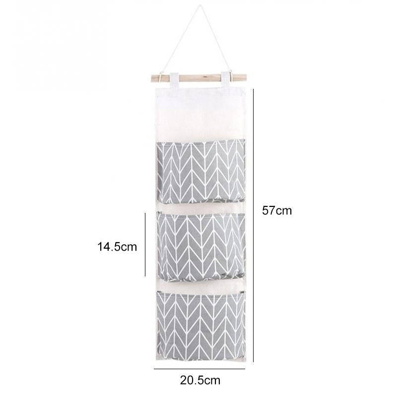 3-Pockets Cotton Linen Wall Hanging Door Pouch Bedroom Home Storage Pocket Hanging Bag(Gray)