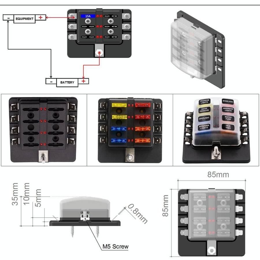 1 in 8 Out Fuse Box PC Terminal Block Fuse Holder Kits with LED Warning Indicator for Auto Car Tr...