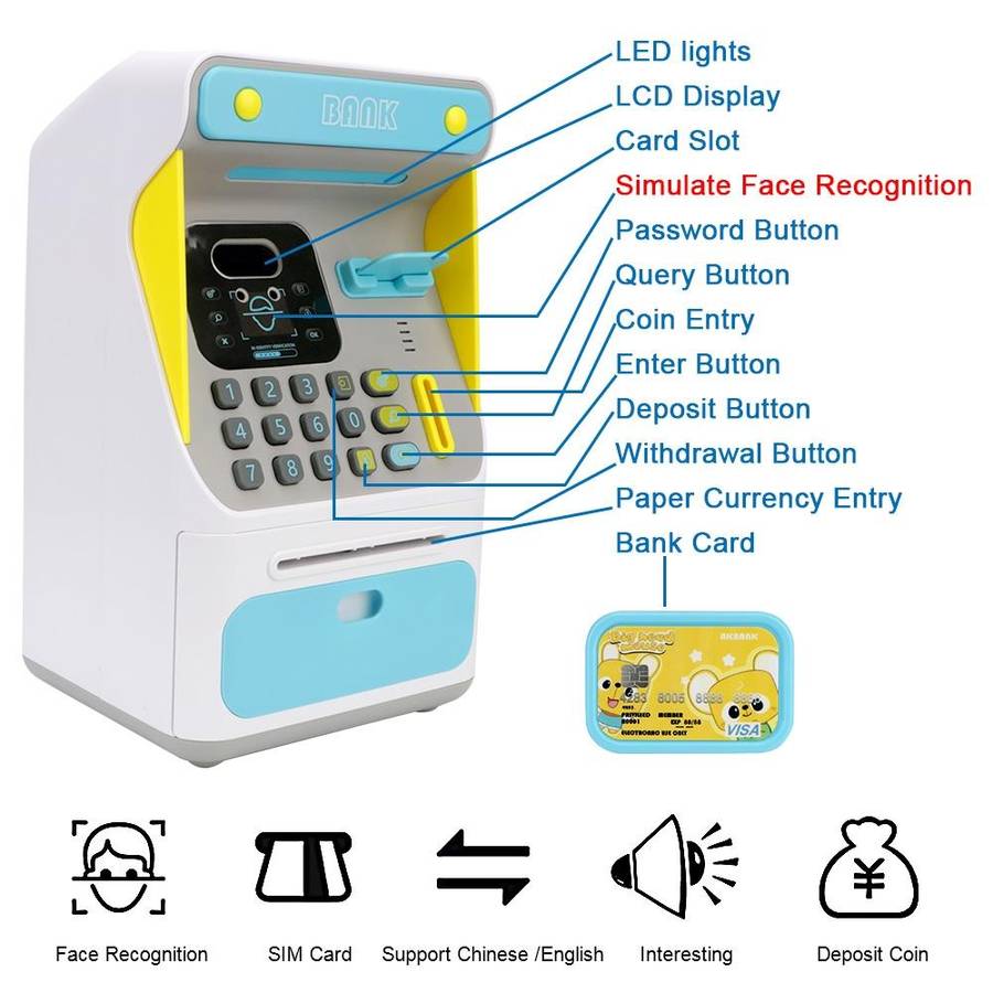 8010 Simulated Face Recognition ATM Machine Piggy Bank Password Automatic Rolling Money Safe Pigg...