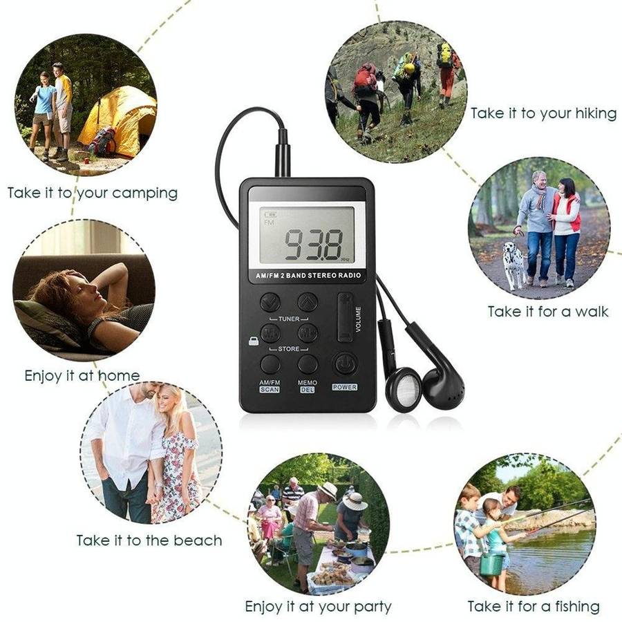 HRD-103 FM + AM Two Band Portable Radio with Lanyard & Headset(Black)