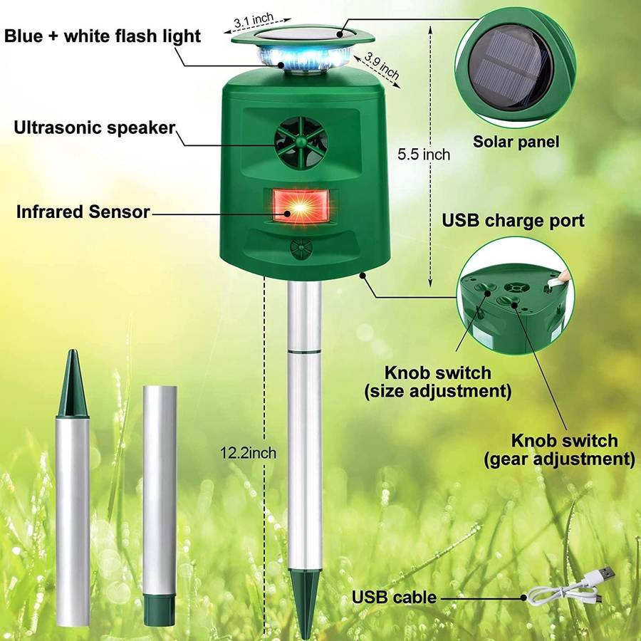 SK698 Solar Powered Animal Repeller 360 Degree Strobe Light Bird Repeller Ultrasonic Rat Repeller...