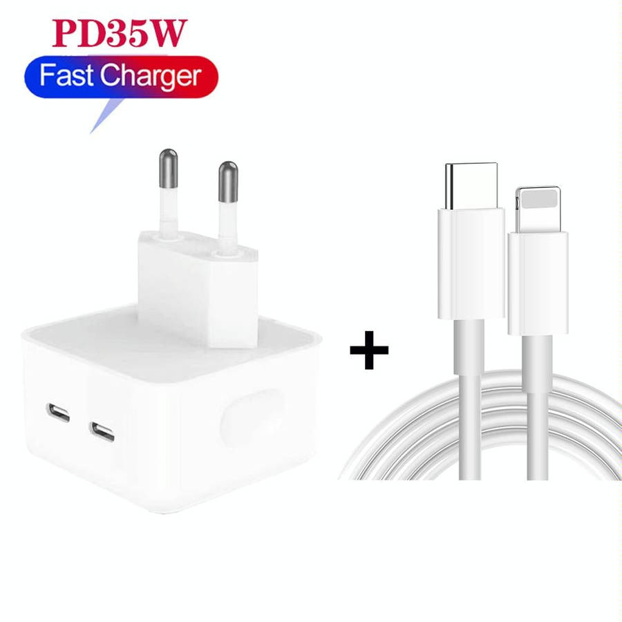 PD 35W Dual USB-C / Type-C Ports Charger with 1.5m Type-C to 8 Pin Data Cable, EU Plug