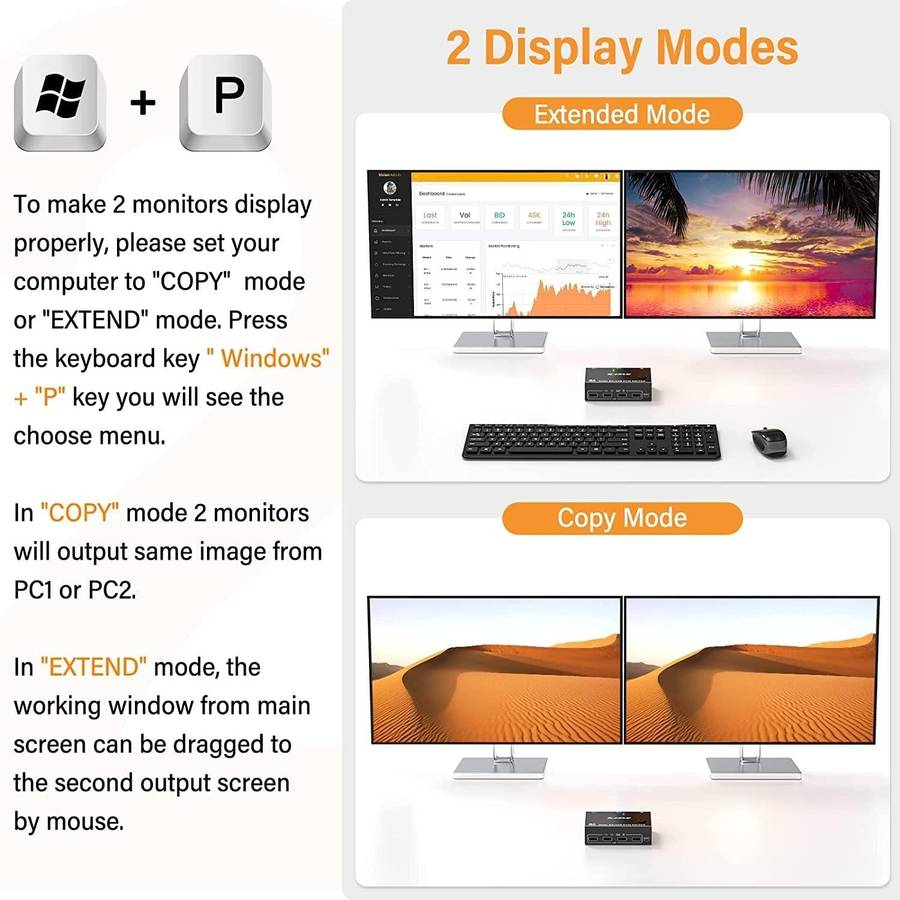 KC-KVM202DP 4K 60Hz USB3.0 DP Dual Monitors KVM Switch
