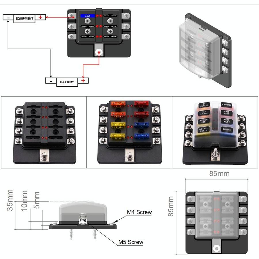 1 in 8 Out Fuse Box Screw Terminal Section Fuse Holder Kits with LED Warning Indicator for Auto C...