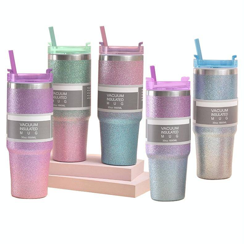 20oz Glitter Insulation Coffee Cup Double Layer Ice Cup Stainless Steel Car Cup With Straw(Green ...