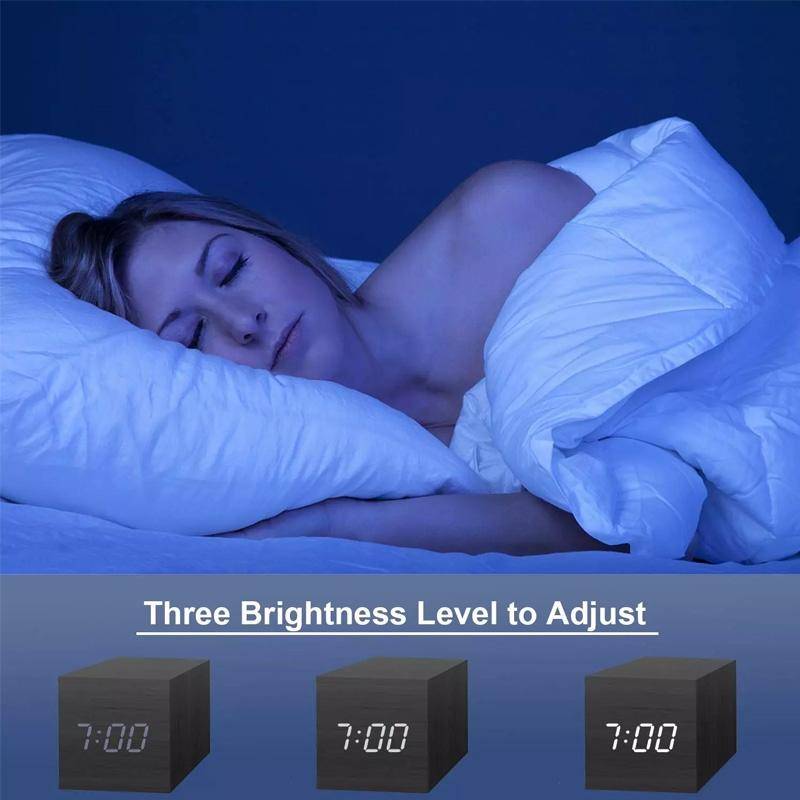 Multicolor Sounds Control Wooden Clock Modern Digital LED Desk Alarm Clock Thermometer Timer Blac...