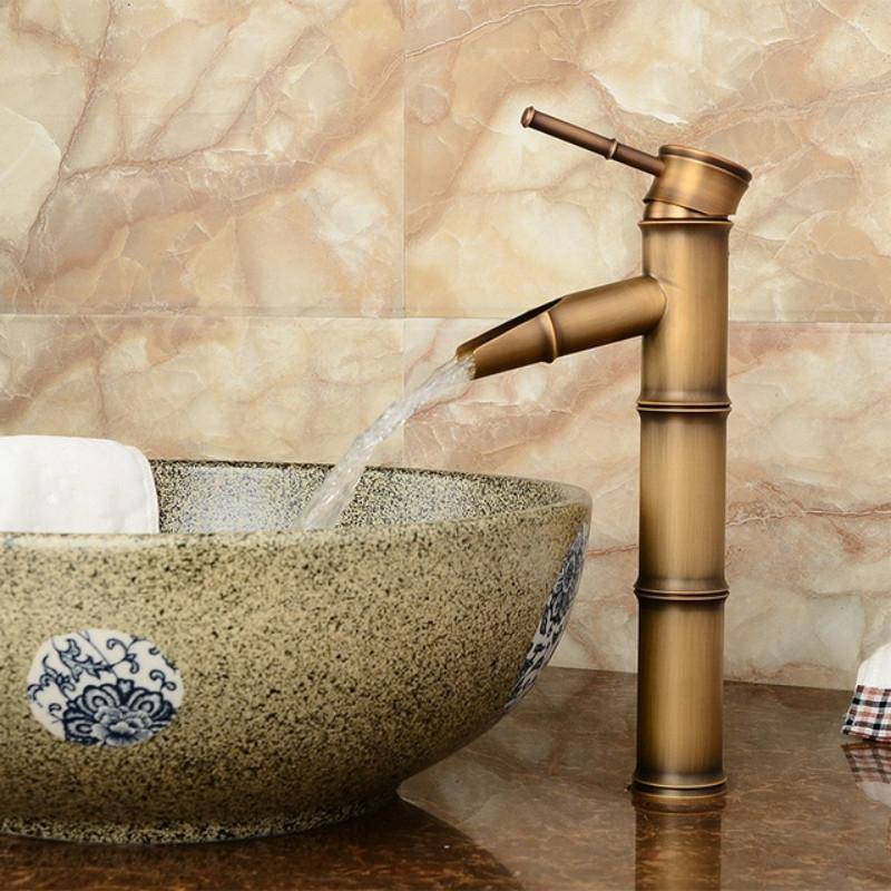 Antique Retro Hot Cold Water Bathroom Counter Basin Bamboo Waterfall Basin Copper Faucet, Specifi...