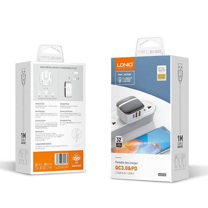 LDNIO A3513Q 32W QC3.0 3 USB Ports Phone Adapter UK Plug with 8 Pin Cable
