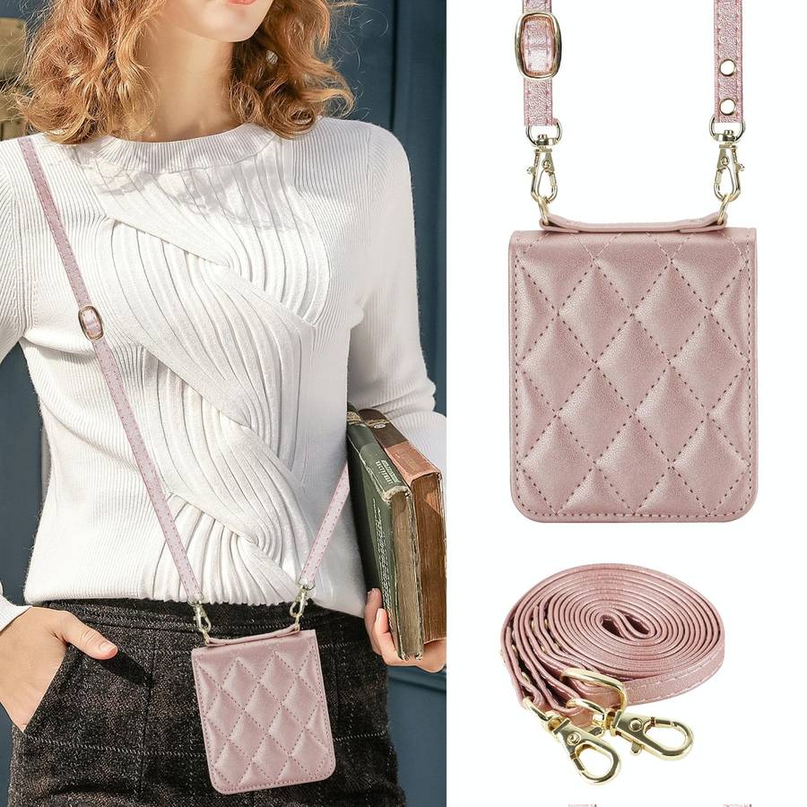 For Huawei P50 Pocket Rhombic Texture Card Bag Phone Case with Dual Lanyard(Rose Gold)