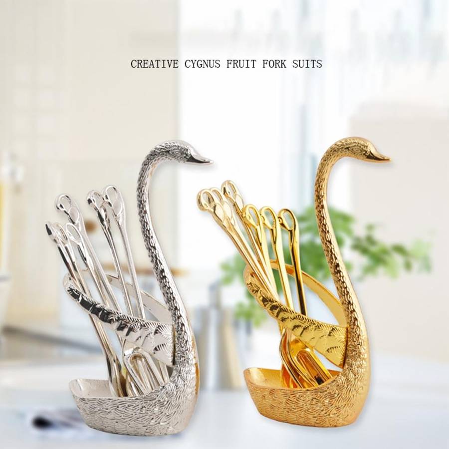 Swan Fruit Fork And Spoon Set Dessert Fork Fruit Fork Rack Tableware Wedding Gift, Colour: Golden...