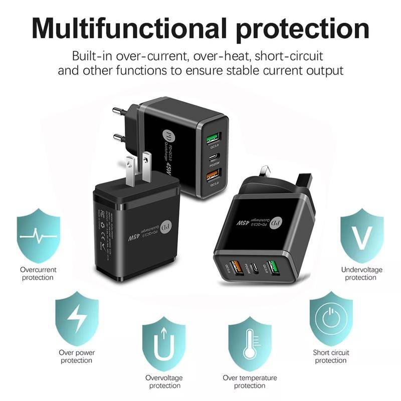 45W PD3.0 + 2 x QC3.0 USB Multi Port Quick Charger, US Plug(White)